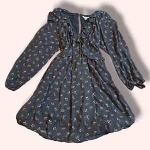 American Eagle Floral Gray Dress with Ruffle Details Size XL
